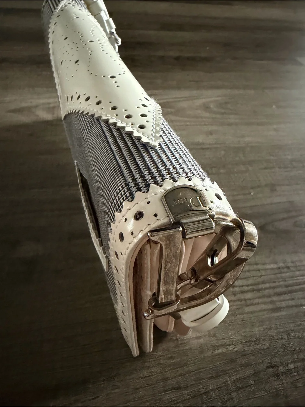 White and Gray Textured Clutch with Decorative Buckle